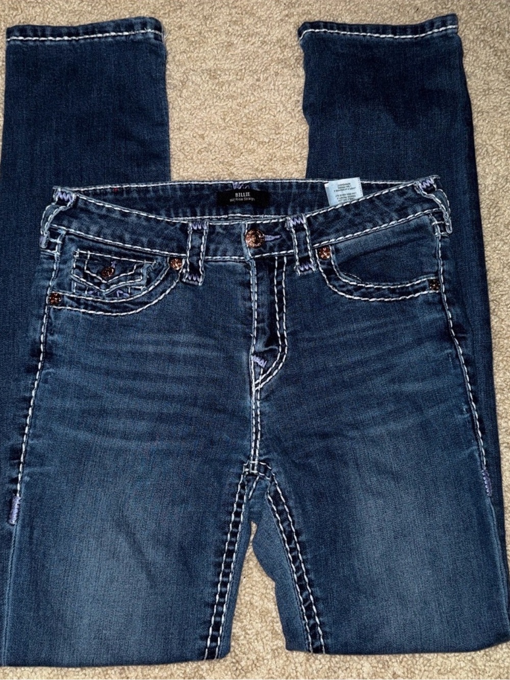 True Religion Boot Cut Jeans in Dark Indigo with White Contrast Stitching
